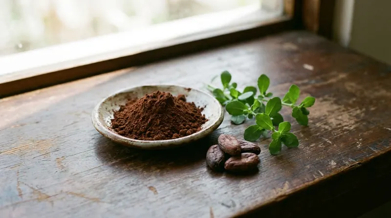 A dish of dark cacao powder beside whole cocoa beans and a sprig of bacopa leaves on a wooden table