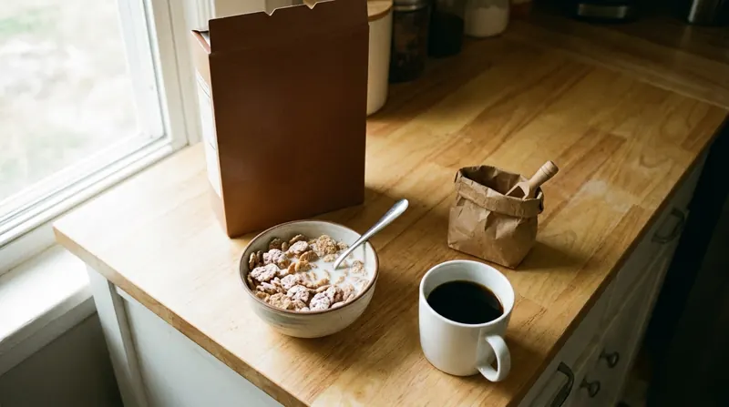 A bowl of frosted cereal beside its box, a mug of coffee and a small brown paper pouch on a kitchen counter