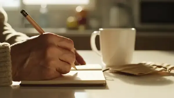 A man's hands writing a line in a small notebook beside a mug of coffee and a brown paper pouch